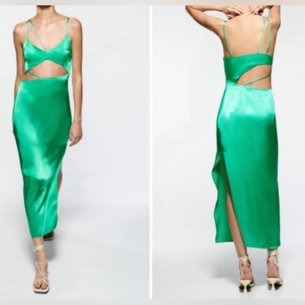 NEW - ZARA NEW ASYMMETRIC SATIN-FINISH DRESS. Green. Small.